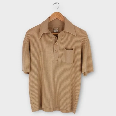 Vintage 70s Drummond Knit Polo Shirt Tan Ribbed Collared Short Sleeve Men’s XL - Image 1 of 4