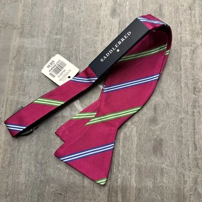 NWT Saddlebred Silk Bow Tie Mens Magenta Pink Blue Repp Stripe Self Tie - Image 1 of 4