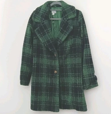 Joan Rivers Sherpa Teddy Coat Women's Size M Green Plaid Button Up Long Sleeve  - Image 1 of 4