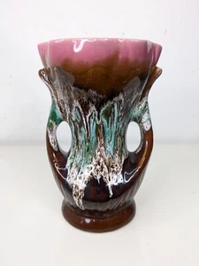 Vallauris Mid Century Modern Vase Tropfglasur Doppelgriff abstrakte Keramik 8" - Bild 1 von 13