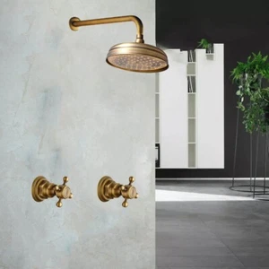 Bathroom 8” Antique Rainfall Shower Faucet Mixer Wall Mount 2 Handles Brass Taps - Picture 1 of 7