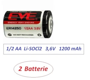 2 batterie Litio 1/2 AA 1/2 RG mezzastilo 14250 ER14250 3,6 V 1200 mAh Li-SOCL2 - Foto 1 di 1