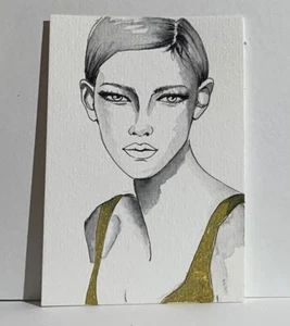 Original ACEO Handgemälde von Viviana Scala. Monica in schwarz-gold Portrait - Bild 1 von 3