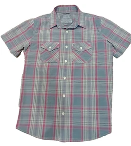 Superdry Men's Short Sleeve Shirt Grey Red Plaid Cotton Button Up India Size L - Picture 1 of 14