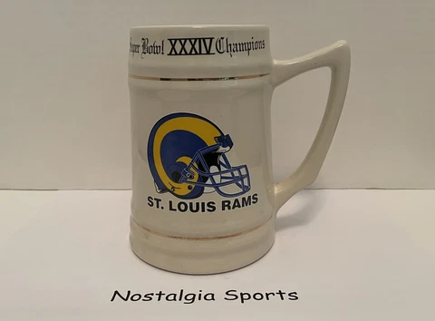 Vintage ST LOUIS RAMS Super Bowl XXXIV 34 BEER STEIN Mug NEW OLD STOCK NeverUsed Cover