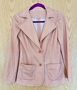 70'S VTG Mod Disco PEACH ORANGE HOUNDSTOOTH plaid Fitted BLAZER Jacket S - Picture 1 of 9