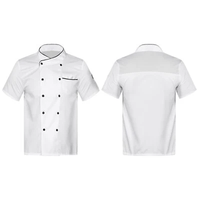 Unisex Double-Breasted Chef Coat Short Sleeve Contrast Color Trim Cooks Jacket - Image 1 of 3