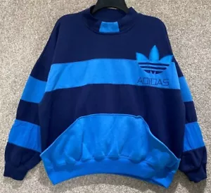 Vintage 80s Adidas Mens Blue Retro Striped Crewneck Sweatshirt Size XL Pockets - Picture 1 of 12