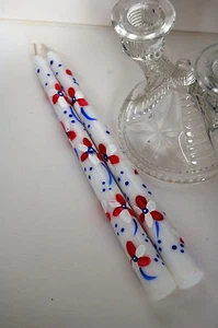 Red White & Blue Hand Painted Pair Floral Design Taper Candles - Picture 1 of 2