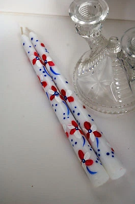 Red White & Blue Hand Painted Pair Floral Design Taper Candles - Image 1 of 2