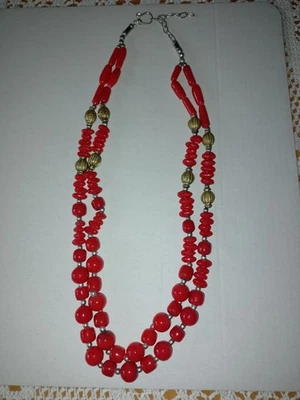 Kette Vintage rote Perlen rote Steine silber gold 57 cm sehr gut gebraucht - Bild 1 von 4