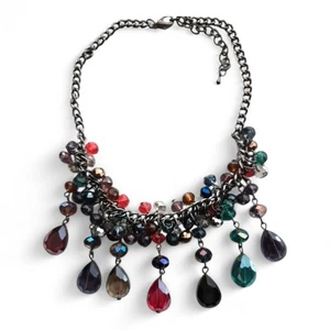 Statement Crystal Bead Drop Necklace Multicolor Glass Chain Gothic Boho VTG - Picture 1 of 6