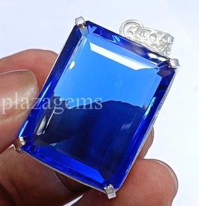 EGL Certified 90.55 Ct Blue Sapphire Emerald Cut Pendant 925 Silver Chain 5ARY - Picture 1 of 16