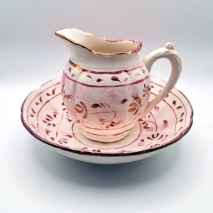 Antique Charles Allerton & Sons Copper Pink Luster 4" Pitcher & 6.5" Bowl, 1890s - Picture 1 of 11