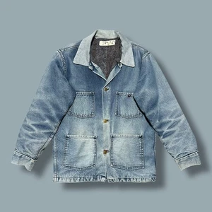 Vtg Thrashed Denim Chore Jacket Lined Barn Coat 70s 80s French Blue S/M - Picture 1 of 10