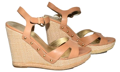 Ivanka Trump Horatia Brown Leather Studded Straw Wedge Heel Sandals Size 7.5M - Image 1 of 4