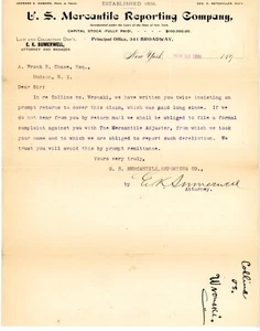 1895 U.S. Mercantile Reporting Co Letter Collins vs. Wronski Signed EK Sumerwell - Picture 1 of 2