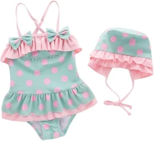 🌿Green Polka Dot Toddler Girl Swimsuit & Hat Set – 2-Piece Swimwear (Size 4-5T) - Picture 1 of 3