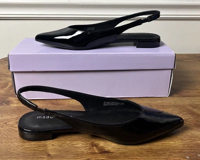 Madden Girl Delaney 尖头露背黑色专利平底鞋 7.5 M 码 — 第 1/4 张图片