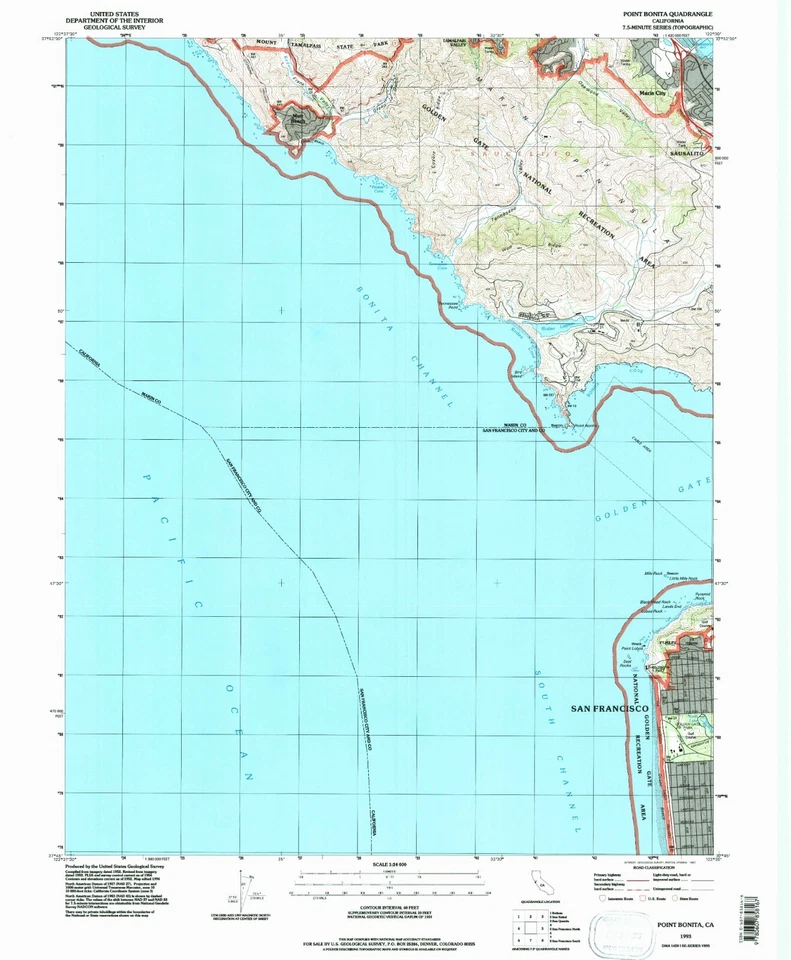 Point Bonita, CA, Topographic Map, 1993, USGS – Premium Matte Print – Historic - Image 1 of 1