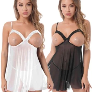 Women's Sheer Pajamas Sheer Lingerie Set Nightwear Mesh Cupless Micro Thong Set - Picture 1 of 32