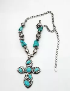 Vintage necklace cross native American style faux turquoise silver tone pearl - Picture 1 of 6