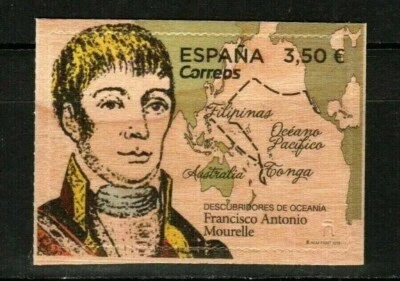 SPAIN 2019 Discoverers of Oceania Unique Unusual Special Wood Map Stamp MNH - Image 1 of 3