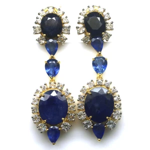 Gemma Zaffiro Blu, Cianite & Zircone Orecchini 925 Argento 18K Oro - Foto 1 di 4