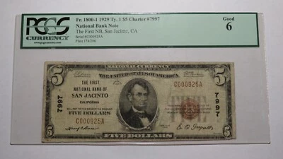 $5 1929 San Jacinto California CA National Currency Bank Note Bill! #7997 PCGS - Image 1 of 4