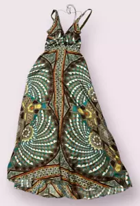 Nicole Miller 100 % Seide Perlen Maxikleid grün geometrisches Muster Boho Glam Größe 0 - Bild 1 von 10