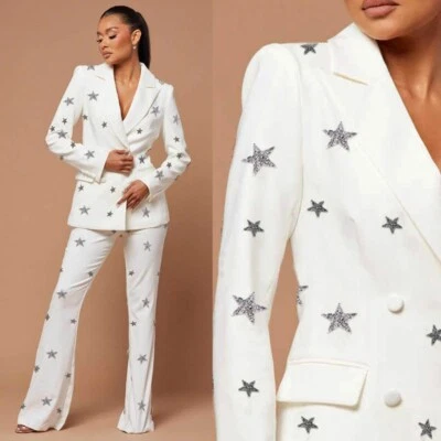 Traje de mujer doble fila 4 botones solapa con botones chaqueta blanca con patrón de estrellas  Foto 1 de 4