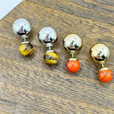 2 pares de aretes doble bola ojo de tigre piedra y coral rojo teñido howlita Foto 1 de 4