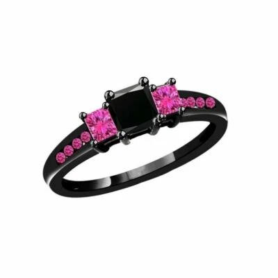 Lab Created Black Princess Diamond Engagement Ring Black Sterling Silver Ring - Image 1 of 4