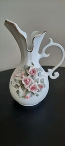 Lefton China Hand Painted Bisque Vase/Pitcher #839 White w/ Pink Flowers - Japan - Picture 1 of 4