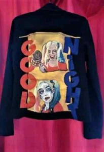 Harley Quinn unofficial, hand - painted, unisex size 12 black denim jacket - Picture 1 of 4