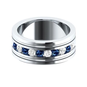 1 CT Lab-Created Diamond and Blue Sapphire Wedding Band 925 Sterling Silver Mens - Picture 1 of 5