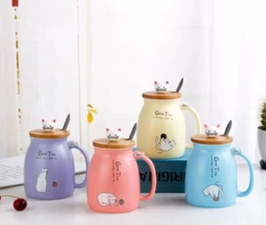 Cat Mug With Spoon Lid/Lovely Kitty Mug/Morning Milk Cup/Coffee/Tea/Holiday Mug - Picture 1 of 10