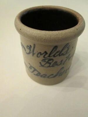 Rare 1992 Rowe Pottery Works  Stoneware Pencil Holder, "WORLD'S BEST TEACHER" - Image 1 of 4