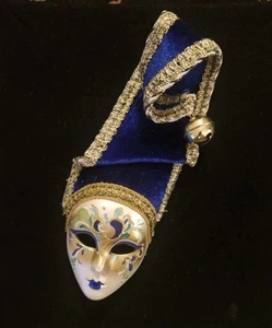 Jester Blue Velvet Hand Painted Venetian Mask Made Venice Italy Vintage 7" - Picture 1 of 11