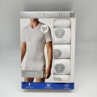 5 Pack VINCE CAMUTO Men's S M L White Logo V Neck Cotton T Shirt Set - Image 1 of 4