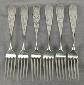 Set of 6 Charles H. Pepar Baltimore Bright-Cut Coin Silver Forks C.1846-1895 - Picture 1 of 15