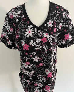 Cherokee Infinity Women’s Scrub Top Large Flower Design Black White Pink - Picture 1 of 3