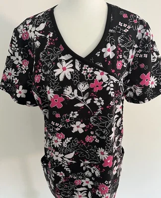 Cherokee Infinity Women’s Scrub Top Large Flower Design Black White Pink - Image 1 of 3