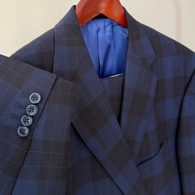 Men's Bespoke Blue Check Wool 2-Pc Suit Jacket Blazer Pants -  54L / 40x31 - Image 1 of 4