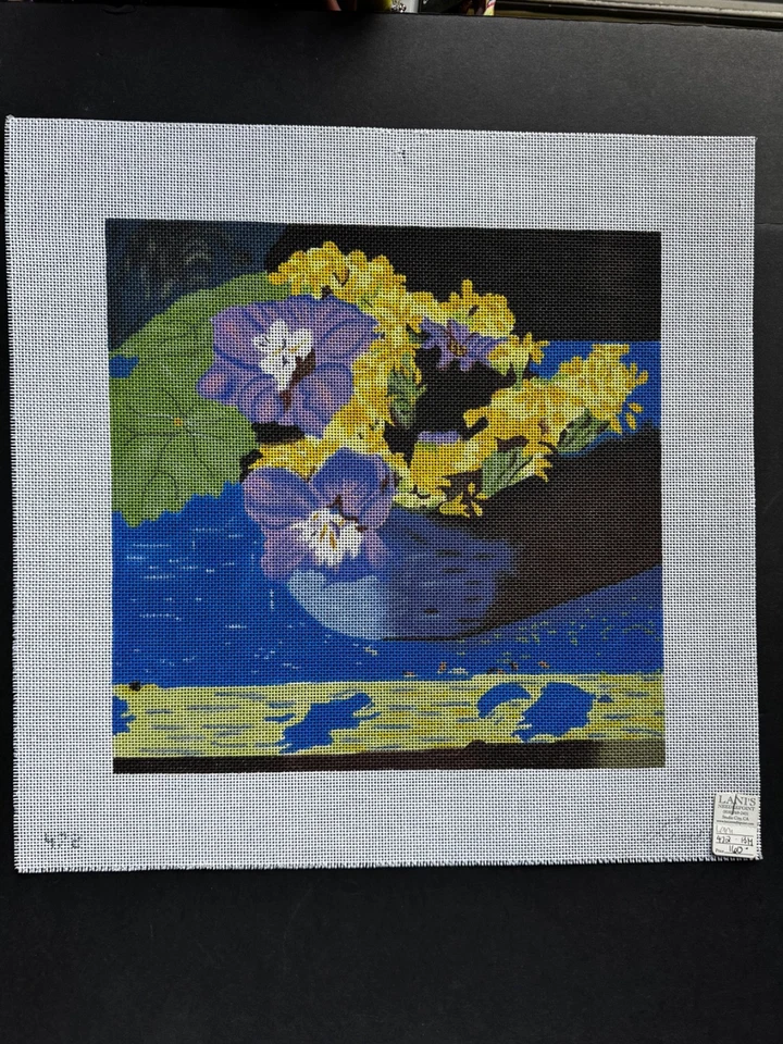 LANI Purple Yellow Floral Hand Painted Needlepoint Canvas - Image 1 of 1