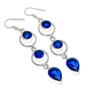 Pendiente de joyería de plata de ley 925 hecho a mano con piedras preciosas de tanzanita azul tamaño 3" - Imagen 1 de 1