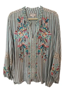 Johnny Was Workshop Bluse Damen L gestreift bestickt Boho Bohemian Top - Bild 1 von 12