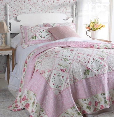 CONJUNTO DE COLCHAS ROSALIE PINK ROSE Super King XXL: COUNTRY VINTAGE JARDIM DE PANO COM BABADOS - Imagem 1 de 4