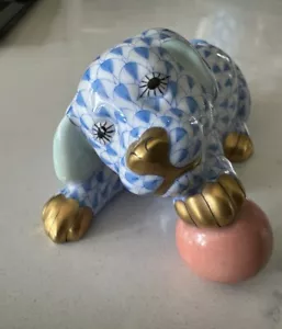 Herend Dog Figurine - Puppy w/ Ball - Blue Fishnet - Picture 1 of 24