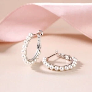 2.10Ct Round Cut Genuine Pearl Huggie Hoop Earrings 14K White Gold Silver Plated - Picture 1 of 3